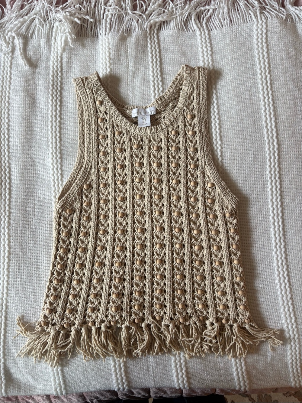 House of Harlow 1960 Beige Crochet Fringe Tank Dress